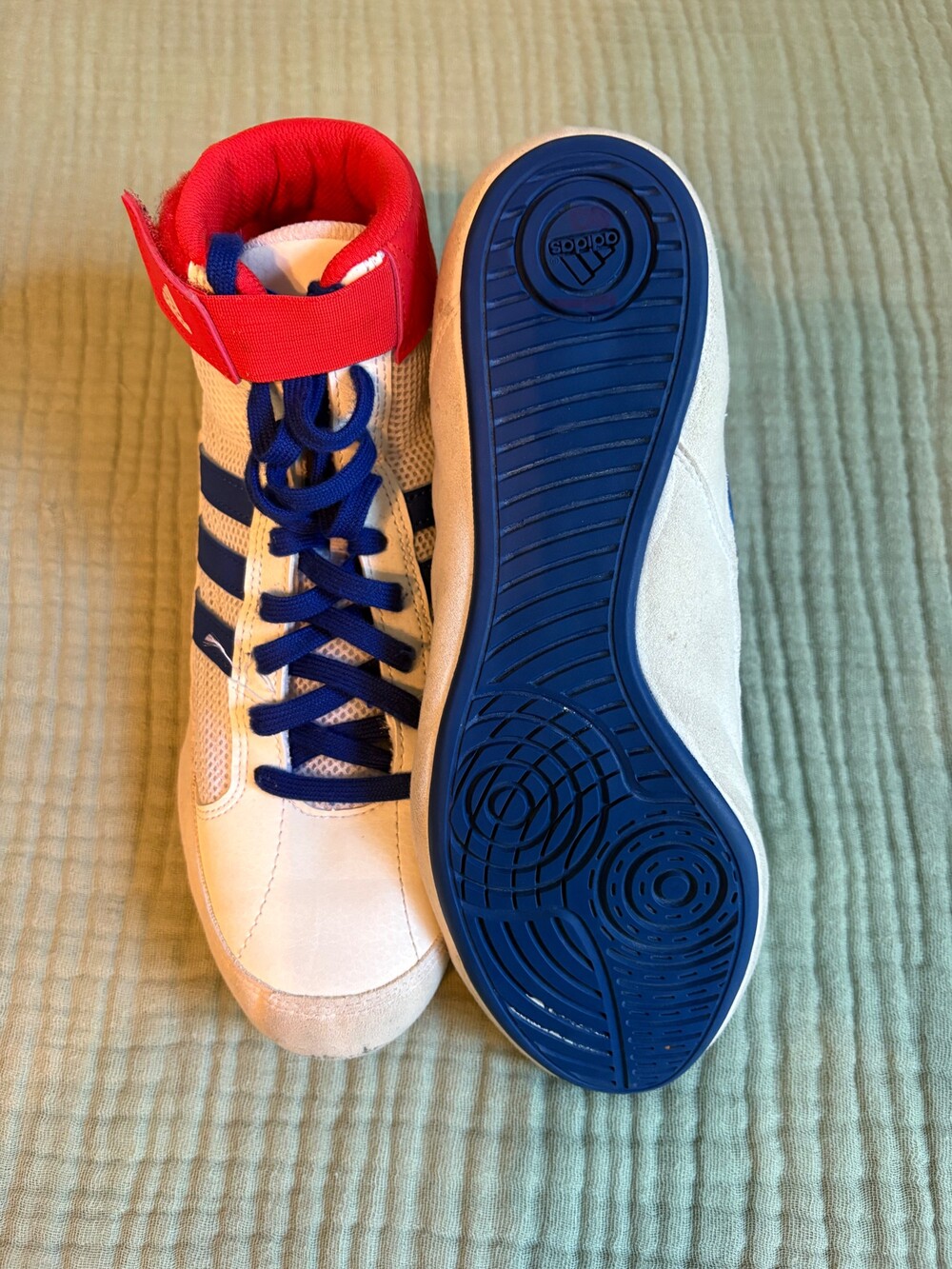 Adidas Wrestling Shoes Size 7.5 White Blue Red with Ankle Strap